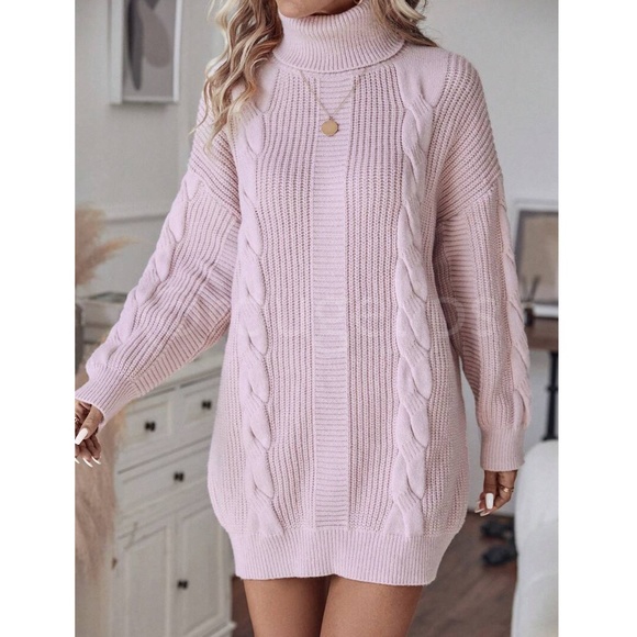 Baby Pink Oversized Sweater Dress Cable Knit Turtleneck Long SLeeve - Picture 5 of 7